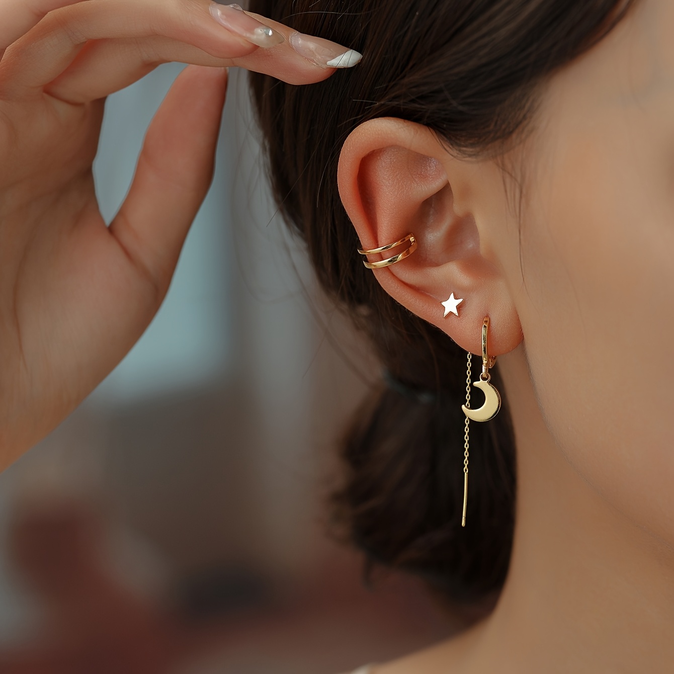 Women's Middle Eastern Ramadan Star Ear Thread Moon Drop Set